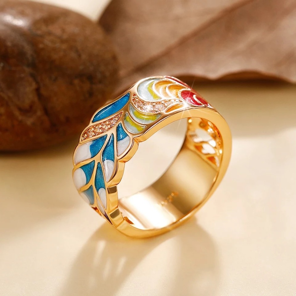Anthro Personality Enamel Green Leaf Design Women Finger Ring Wide Band Vintage - Picture 2 of 6